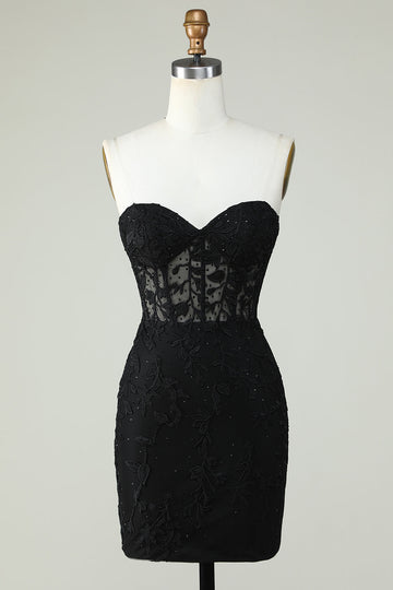 Bodycon Sweetheart Black Corset Short Cocktail Dress with Appliques